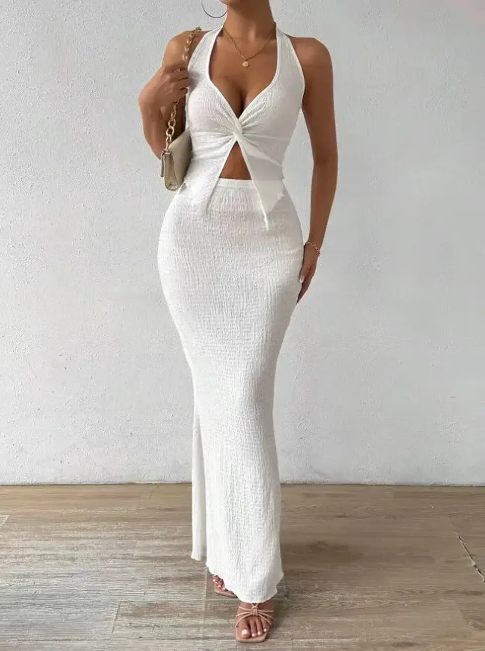 Tuularose White Long Skirt Two Piece Summer Sexy Twist Lace-up Vest Top Tight Long Skirt Set Elegant 2025 Female Long Dress Sets 17