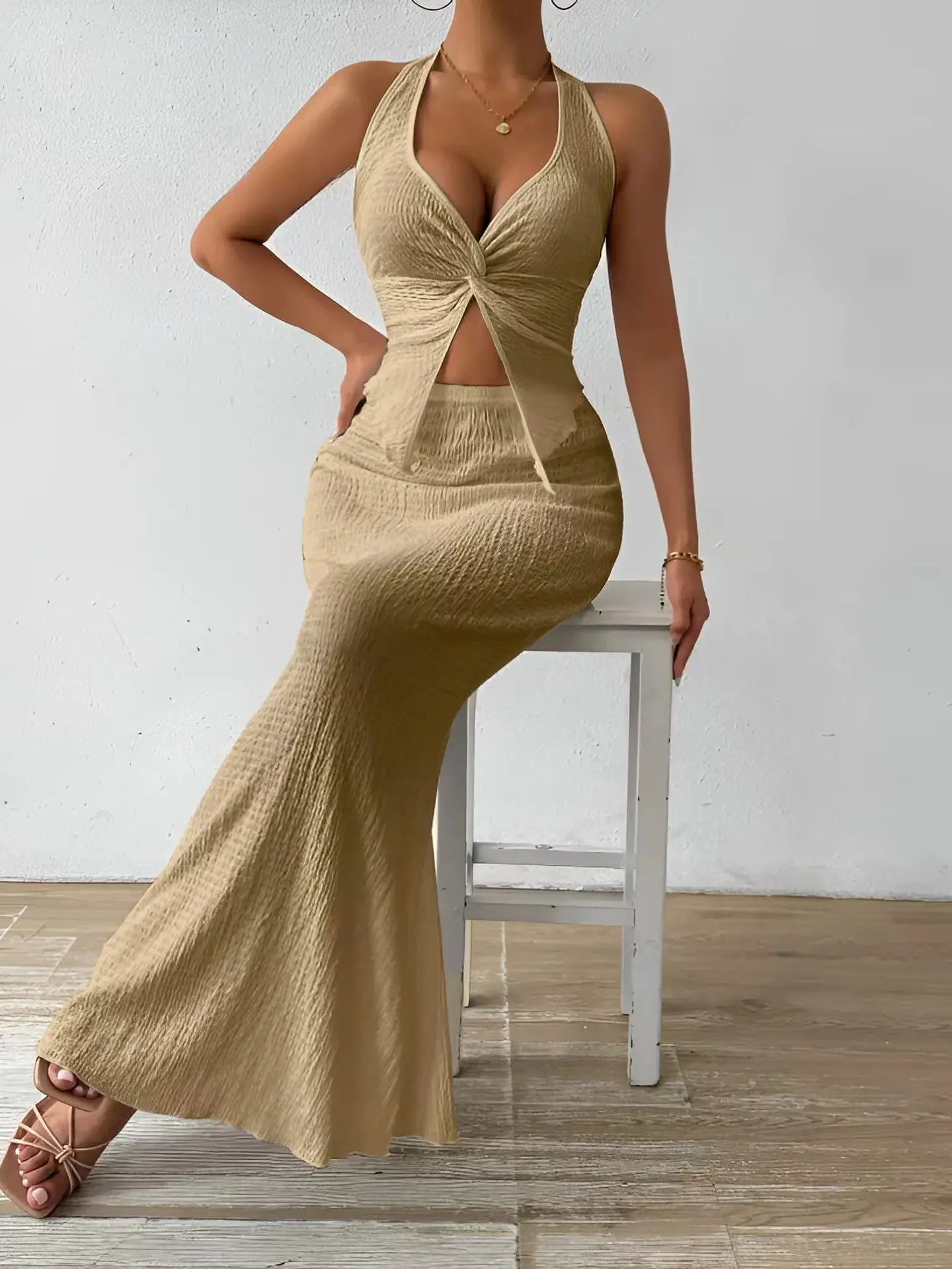 Tuularose White Long Skirt Two Piece Summer Sexy Twist Lace-up Vest Top Tight Long Skirt Set Elegant 2025 Female Long Dress Sets 19