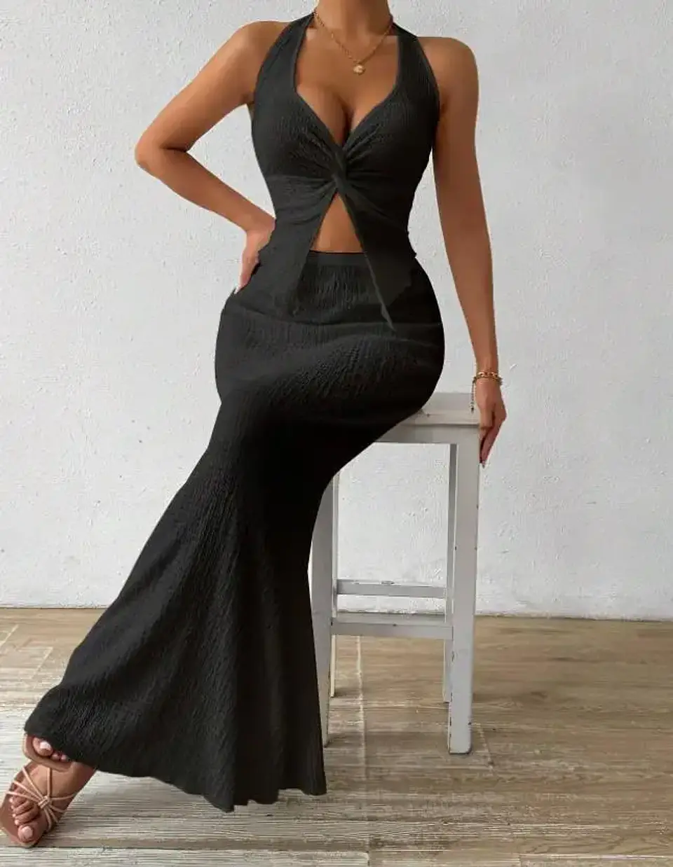 Tuularose White Long Skirt Two Piece Summer Sexy Twist Lace-up Vest Top Tight Long Skirt Set Elegant 2025 Female Long Dress Sets 23
