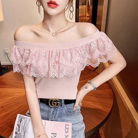 Sexy Ladies Tops Summer Blouse for Women 2024 Blusas Mujer De Moda Patchwork Lace Ruffles Blouses Tunic Sweet Knitted Shirts