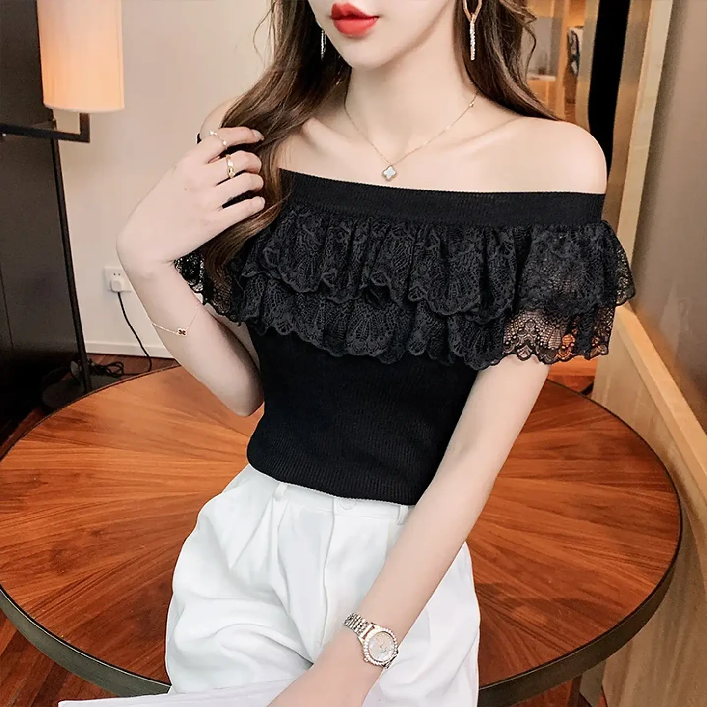 Sexy Ladies Tops Summer Blouse for Women 2024 Blusas Mujer De Moda Patchwork Lace Ruffles Blouses Tunic Sweet Knitted Shirts 2
