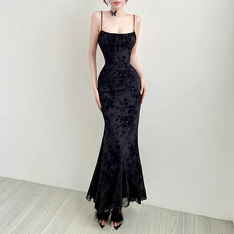 Elegant Eco-Friendly Mermaid Maxi Dress with Digital Printing Color Block Subtle Print Ruffle Detail Slim Fit Natural Waist