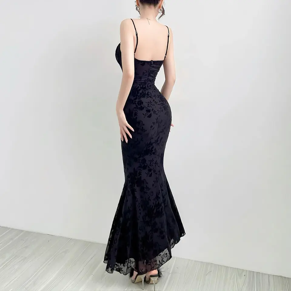 Elegant Eco-Friendly Mermaid Maxi Dress with Digital Printing Color Block Subtle Print Ruffle Detail Slim Fit Natural Waist 3