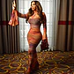 Shirring Mesh Women Dress Print Ladies Bodycon Dresses Orange Long Vestidos - thumbnail 3