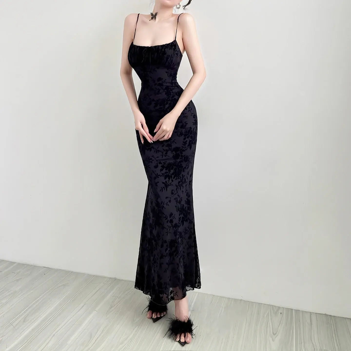 Elegant Eco-Friendly Mermaid Maxi Dress with Digital Printing Color Block Subtle Print Ruffle Detail Slim Fit Natural Waist 4