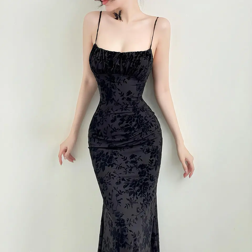 Elegant Eco-Friendly Mermaid Maxi Dress with Digital Printing Color Block Subtle Print Ruffle Detail Slim Fit Natural Waist 5