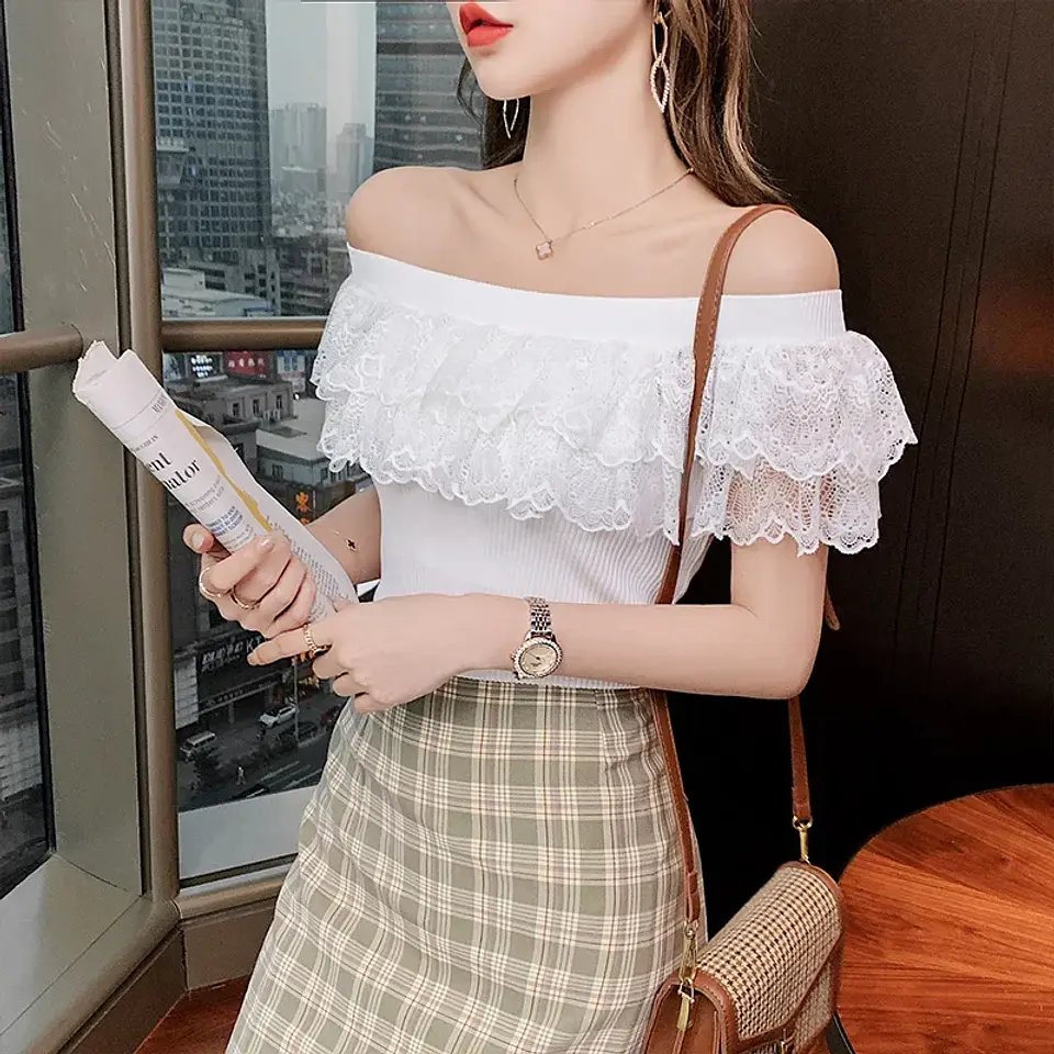 Sexy Ladies Tops Summer Blouse for Women 2024 Blusas Mujer De Moda Patchwork Lace Ruffles Blouses Tunic Sweet Knitted Shirts 5