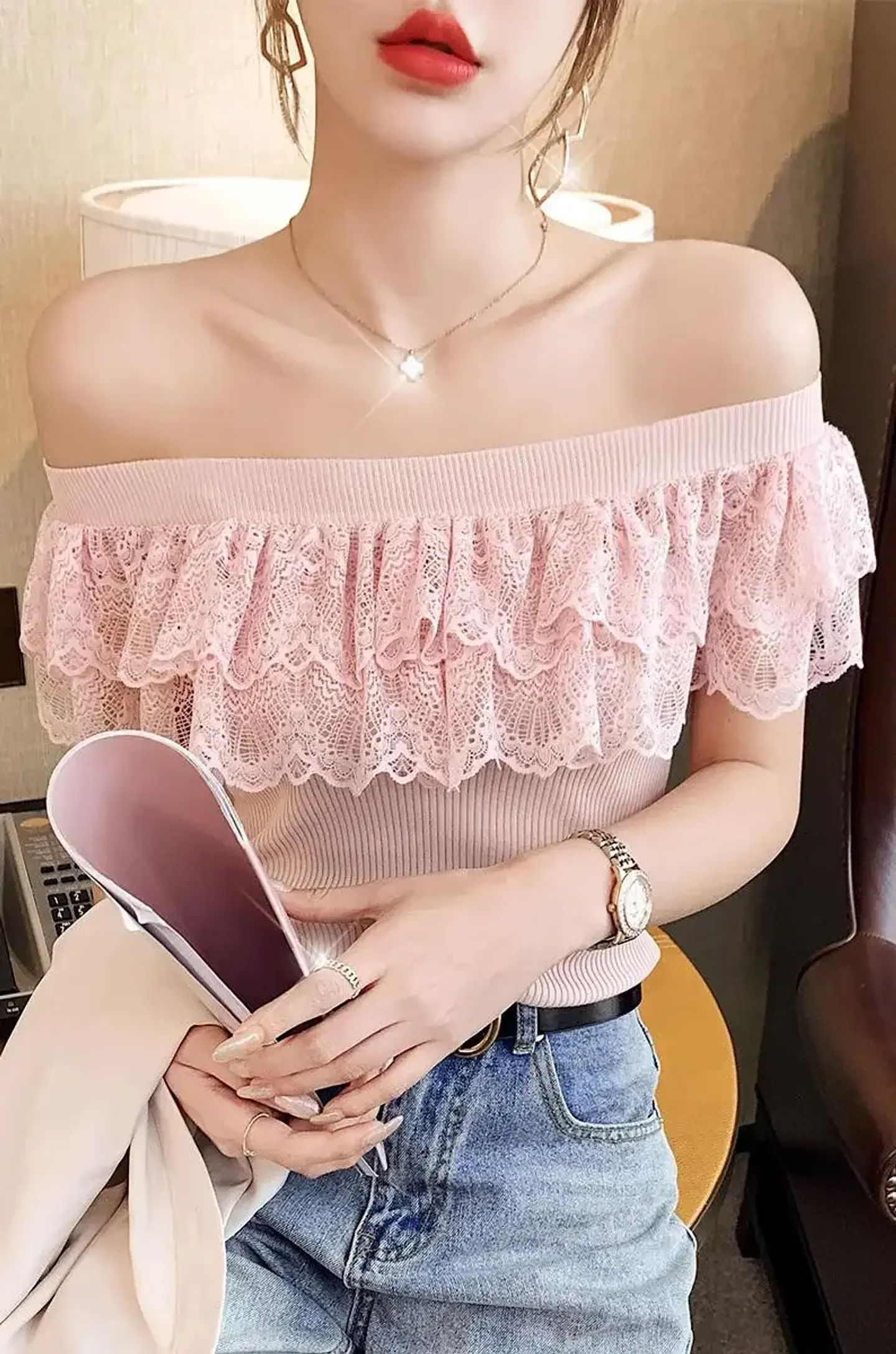 Sexy Ladies Tops Summer Blouse for Women 2024 Blusas Mujer De Moda Patchwork Lace Ruffles Blouses Tunic Sweet Knitted Shirts 6