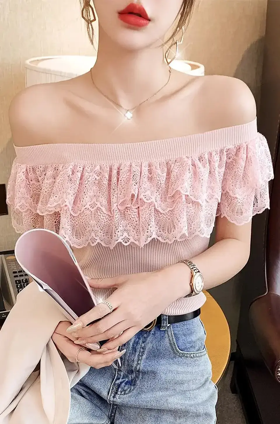 Sexy Ladies Tops Summer Blouse for Women 2024 Blusas Mujer De Moda Patchwork Lace Ruffles Blouses Tunic Sweet Knitted Shirts 6