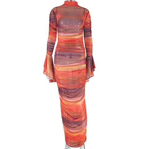 Shirring Mesh Women Dress Print Ladies Bodycon Dresses Orange Long Vestidos