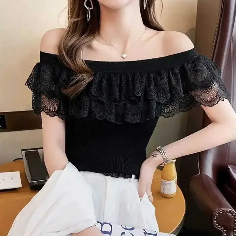Sexy Ladies Tops Summer Blouse for Women 2024 Blusas Mujer De Moda Patchwork Lace Ruffles Blouses Tunic Sweet Knitted Shirts 11