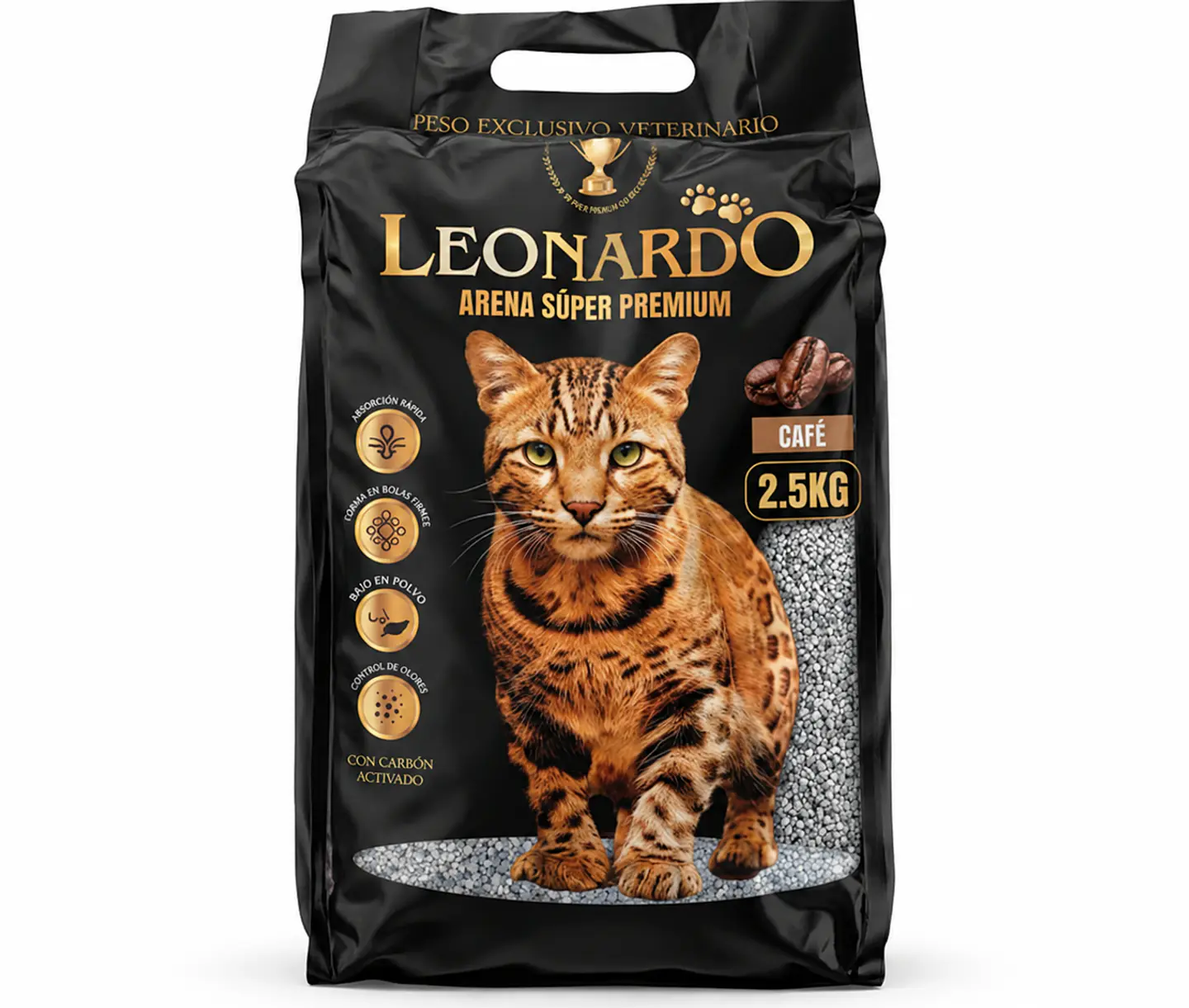 Arena Sanitaria Leonardo Súper Premium con aroma a café en un formato de 2.5 kg. 1