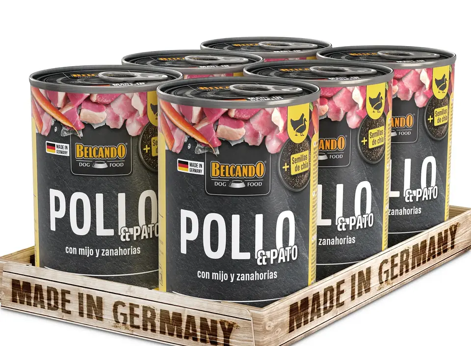 comida húmeda para perros de la marca alemana Belcando, sabor pollo y pato con mijo y zanahorias 1
