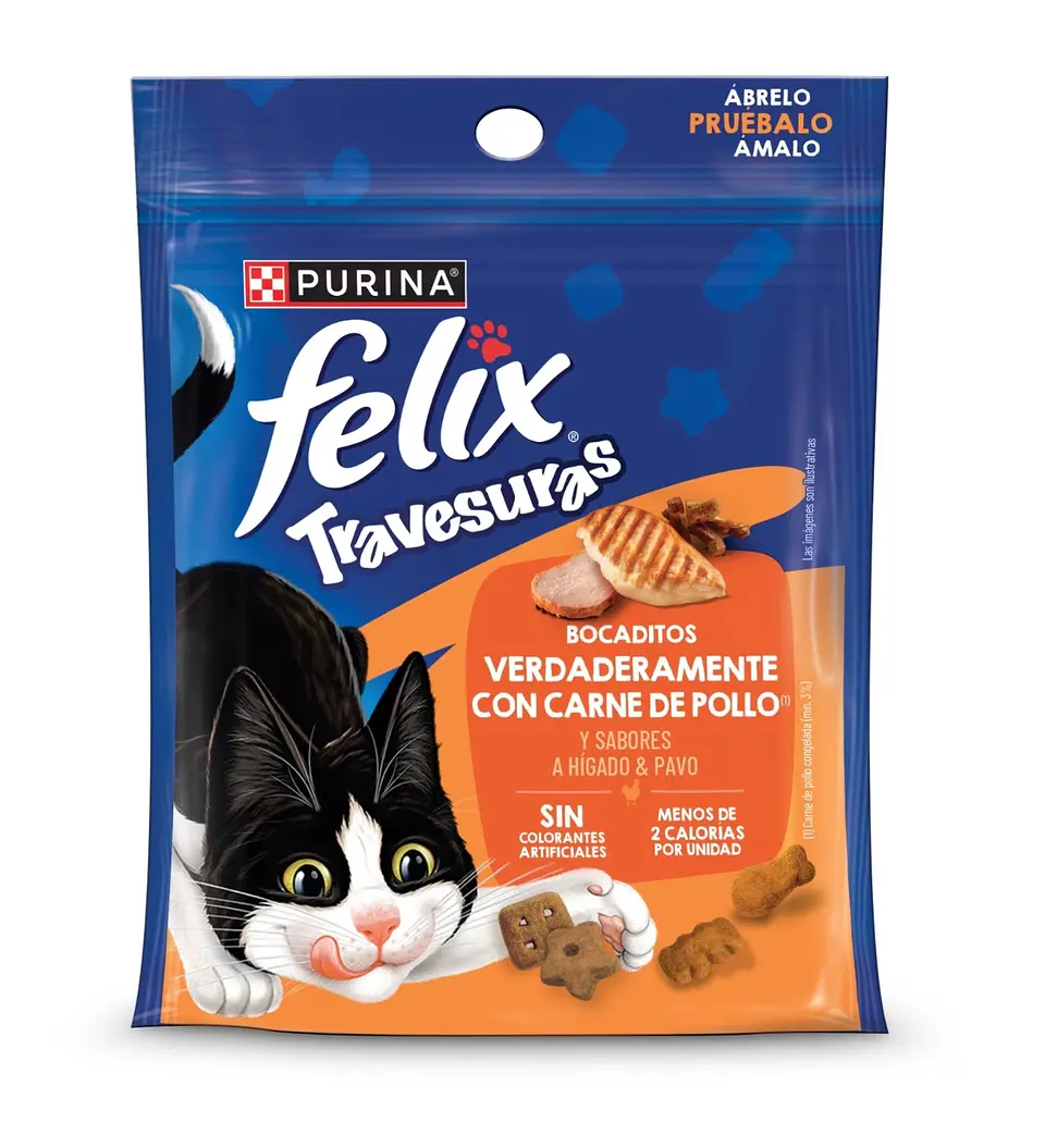 Purina Felix Travesuras en su variedad de pollo, hígado y pavo de 40 g. 1