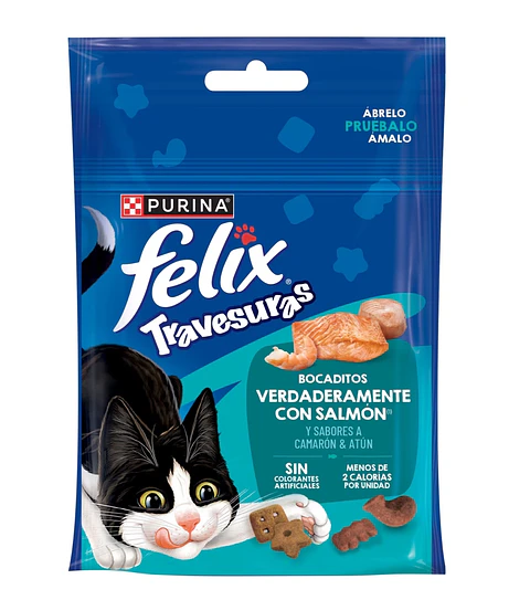 Purina Felix Travesuras sabor salmón, camarón y atún en presentación de 40 gramos