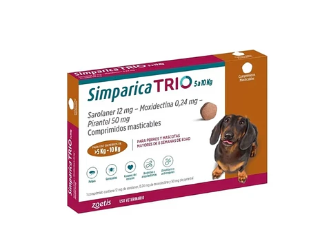 Simparica TRIO comprimido masticable antiparasitario de triple acción para perros de 5 a 10 kg y mayores de 8 semanas