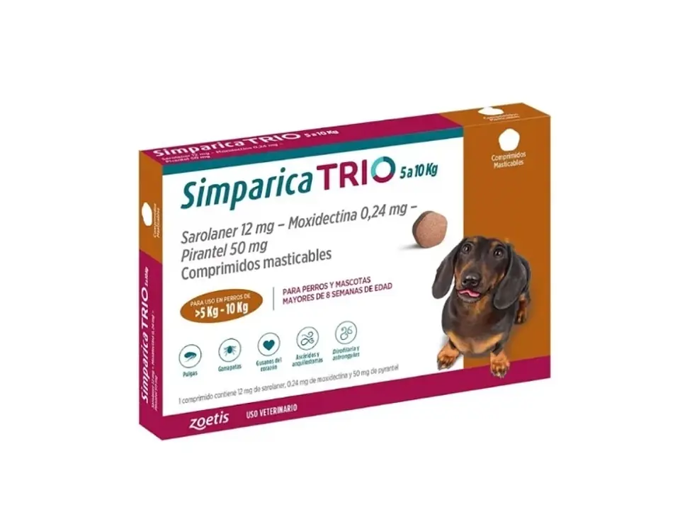 Simparica TRIO comprimido masticable antiparasitario de triple acción para perros de 5 a 10 kg y mayores de 8 semanas 1