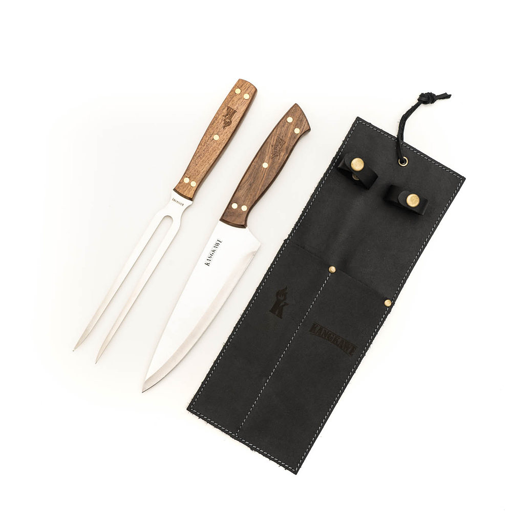 SET TENEDOR + CUCHILLO PARRILLERO F/CUERO NEGRO