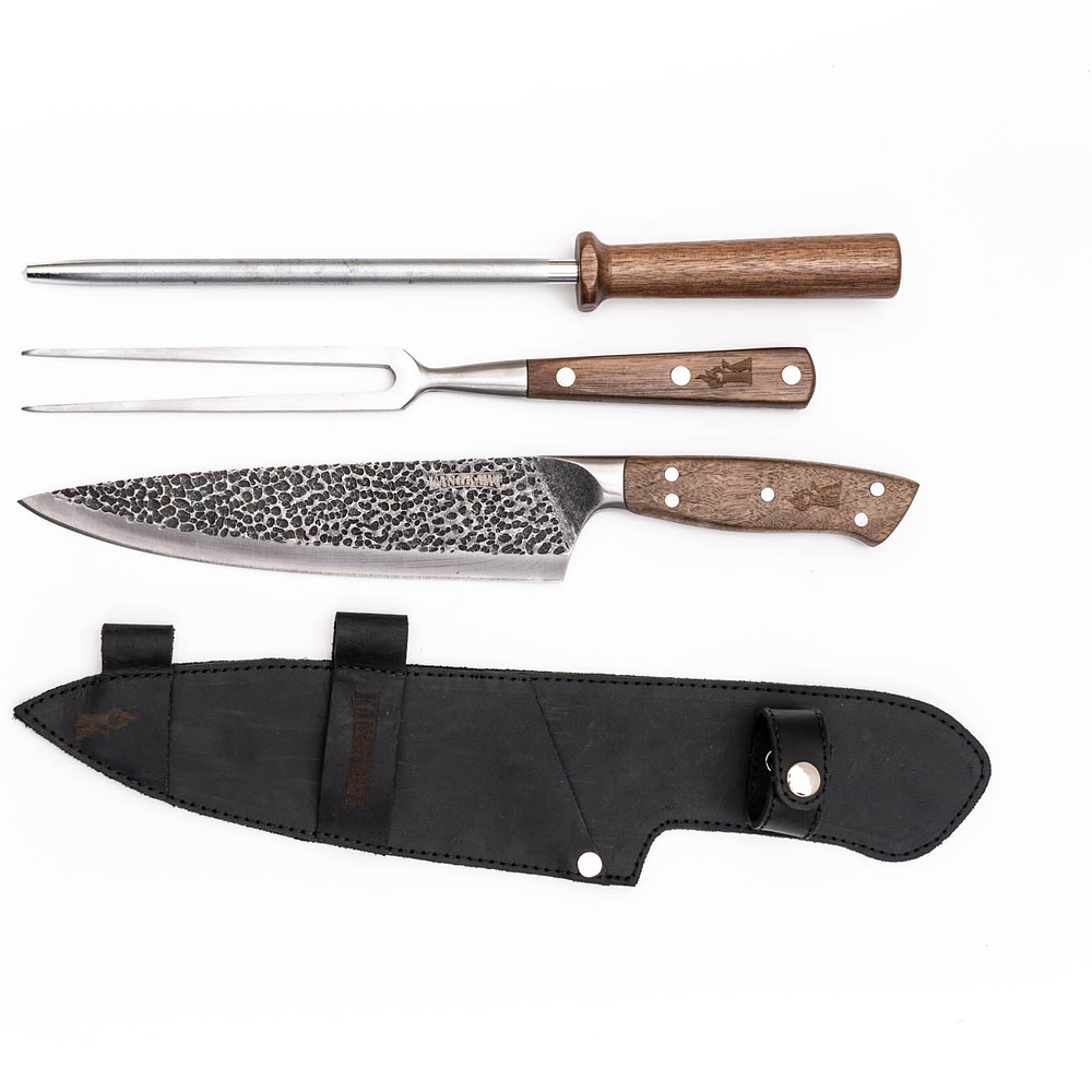 TRILOGIA EN CUERO: PINCHO PRO + CUCHILLO CURACAVI + ASTIL