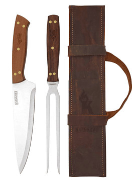 SET TENEDOR + CUCHILLO PARRILLERO F/CUERO CAFÉ RUSTICO