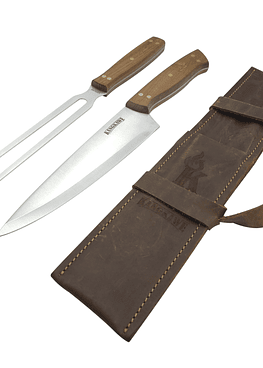 SET TENEDOR + CUCHILLO PARRILLERO F/CUERO CAFÉ RUSTICO