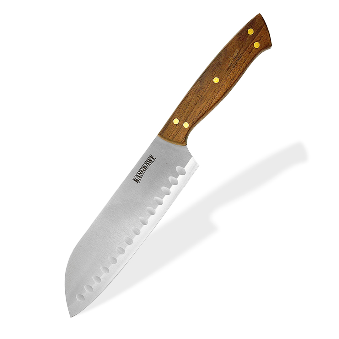 Cuchillo 7" Santoku Coñaripe Con Funda De Cuero Café