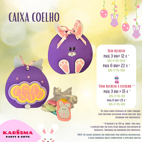Caixa Coelho Páscoa. Pack 3 com recheio