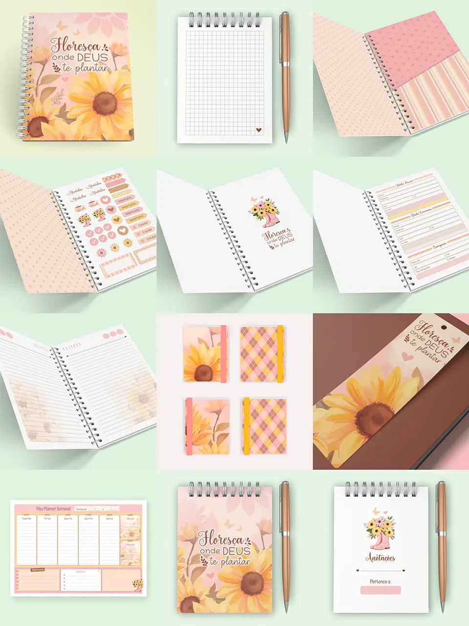 Arquivo Kit combo Girassóis - Caderno A5+bloco A6+Chaveiro+Papéis +Planejador Semanal 1