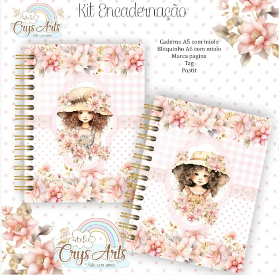 kIT ENCADERNAÇÃO CADERNO A5 E BLOQUINHO MENINAS - CRYS ARTS 1