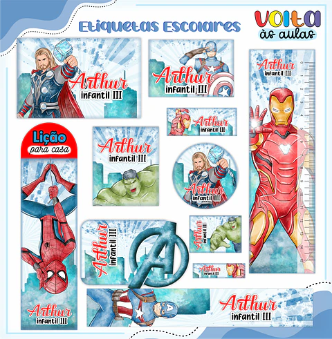 ARQUIVO ETIQUETA ESCOLAR VINGADORES - LINA