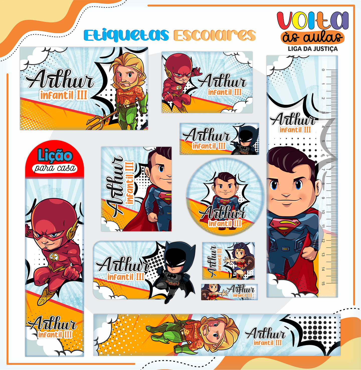 ARQUIVO ETIQUETA ESCOLAR LIGA DA JUSTIÇA - LINA 1