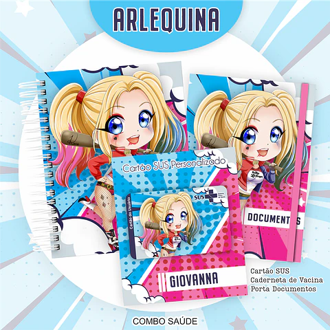 Arquivo Kit Saúde Arlequina Caderneta de Vacina, Cartão SUS e Porta Documento- PAMELLA