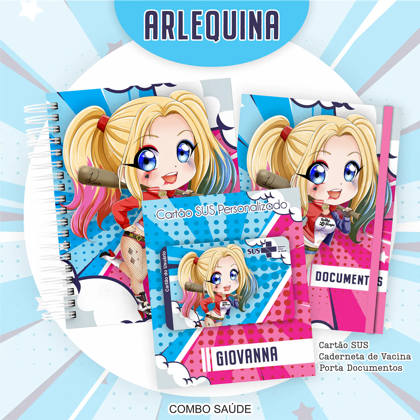 Arquivo Kit Saúde Arlequina Caderneta de Vacina, Cartão SUS e Porta Documento- PAMELLA 1