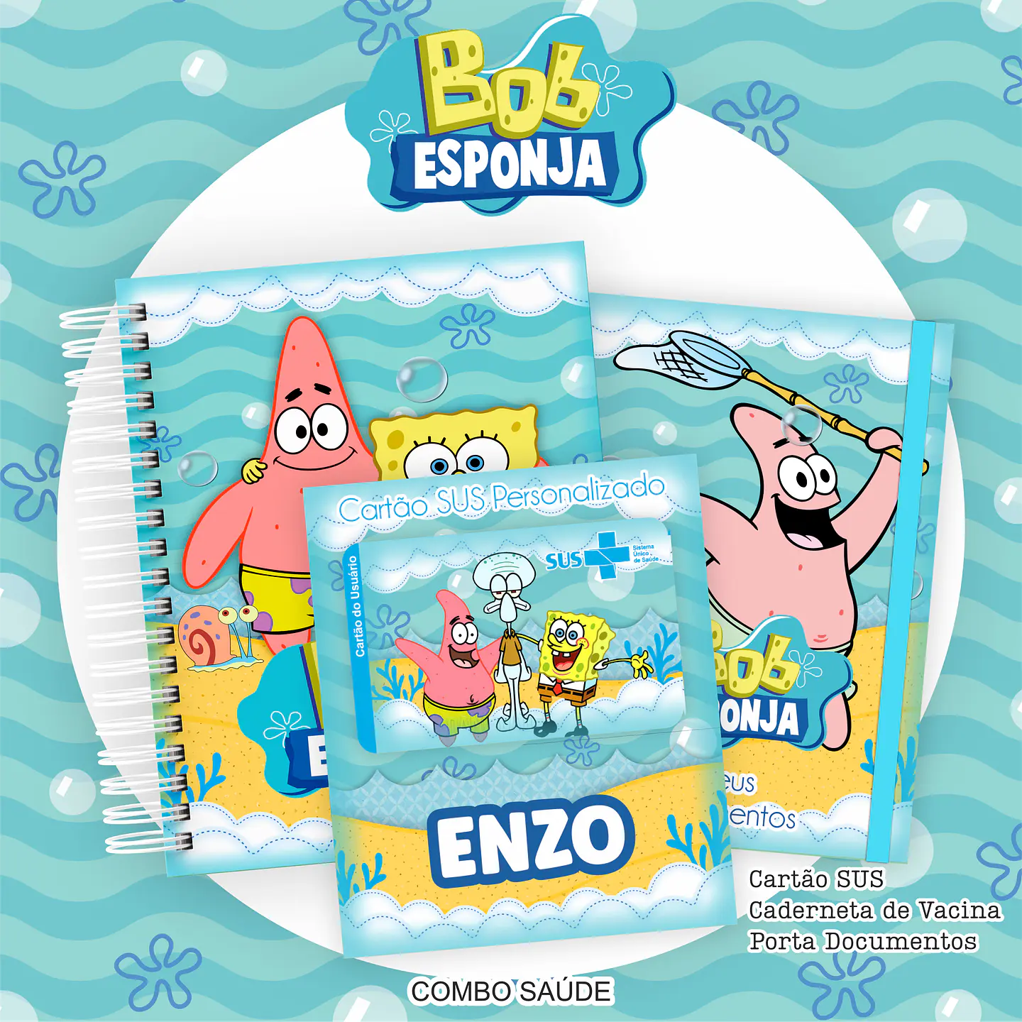 Arquivo Kit Saúde Bob Esponja Caderneta de Vacina, Cartão SUS e Porta Documento- PAMELLA 1