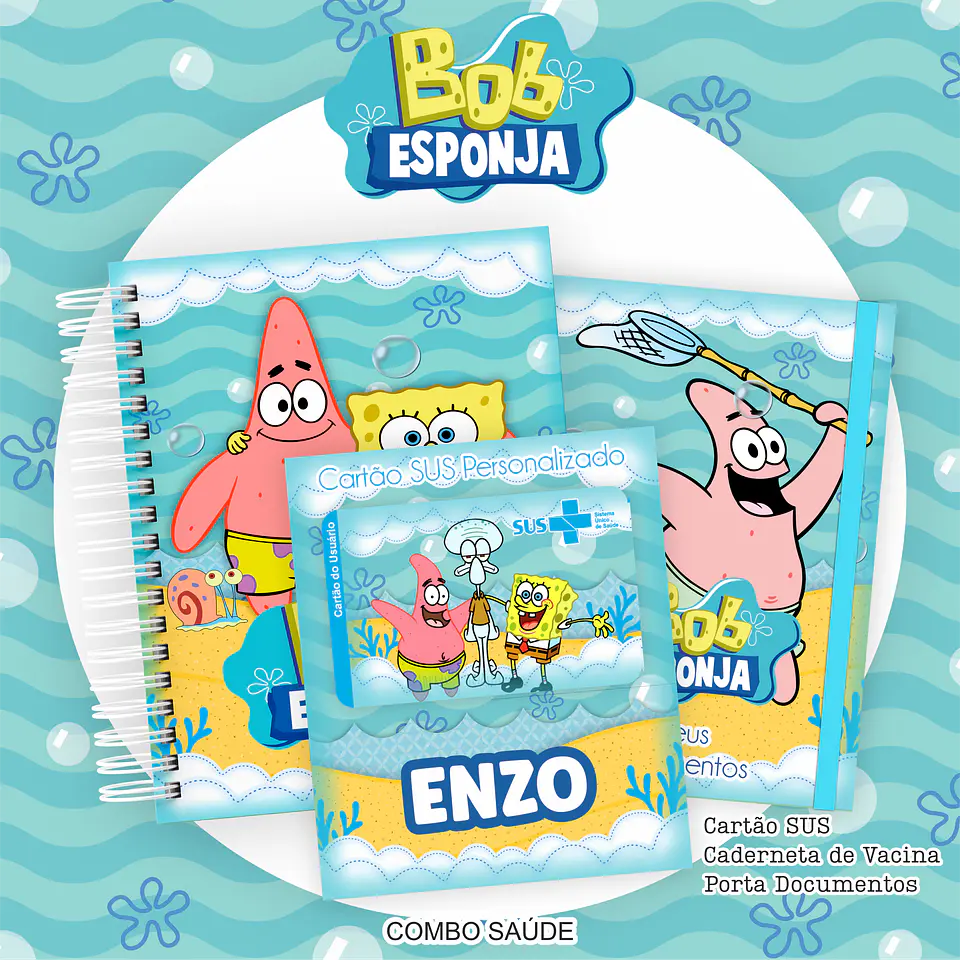 Arquivo Kit Saúde Bob Esponja Caderneta de Vacina, Cartão SUS e Porta Documento- PAMELLA 1