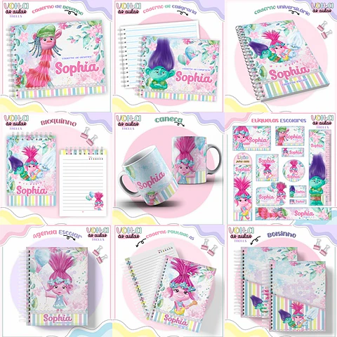 Arquivo encadernação kit escolar Trolls -  LINA CRIATIVA