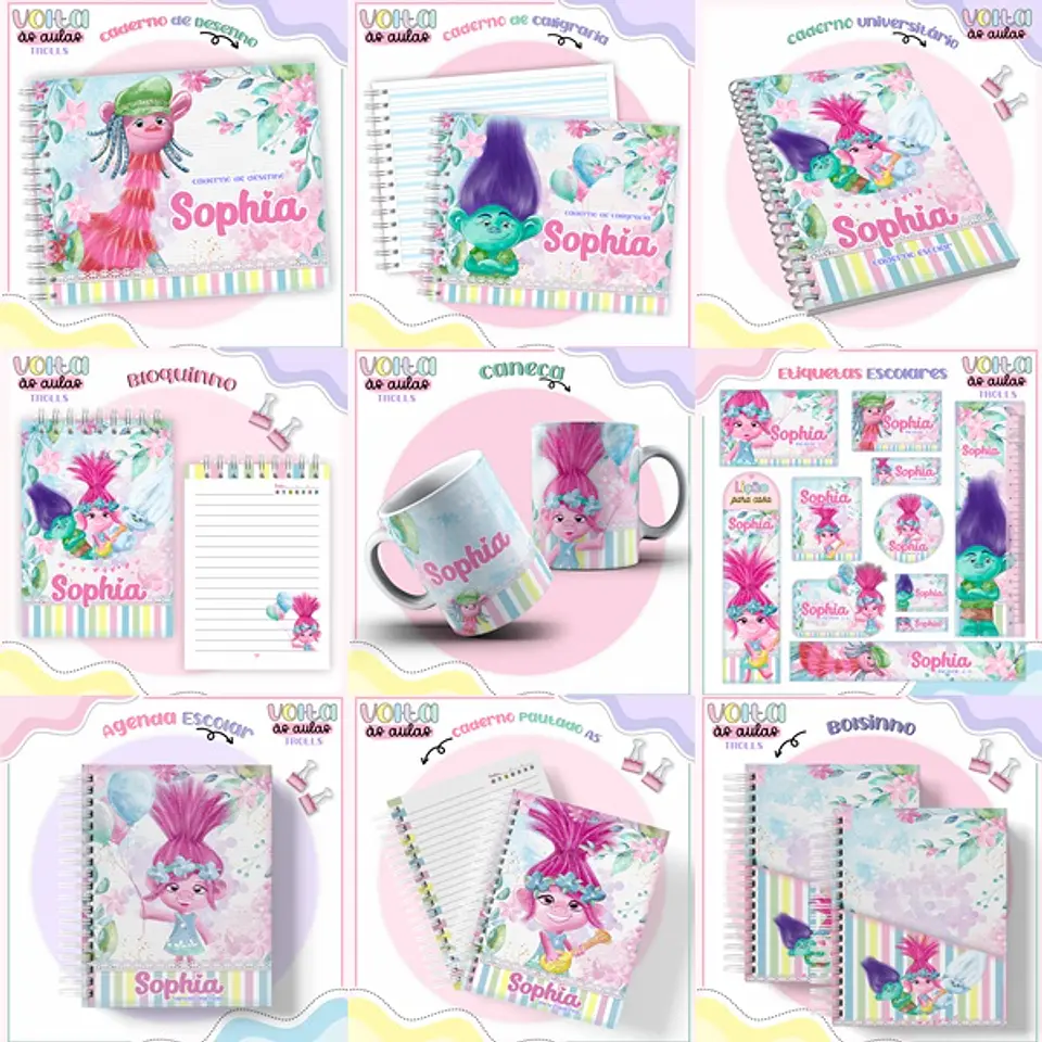 Arquivo encadernação kit escolar Trolls -  LINA CRIATIVA 1