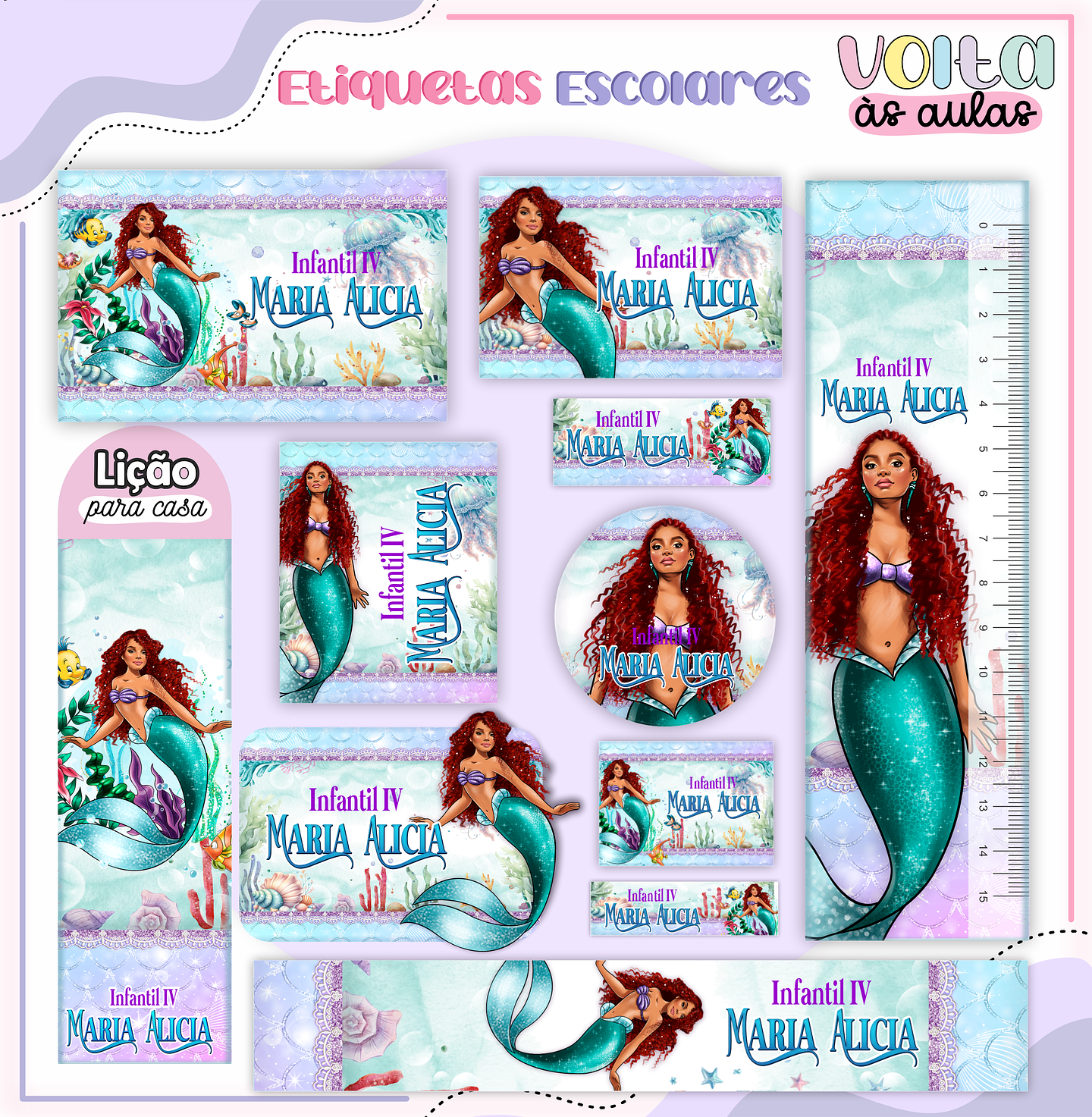 Arquivo Etiqueta Escolar Pequena Sereia Ariel - LINA 1
