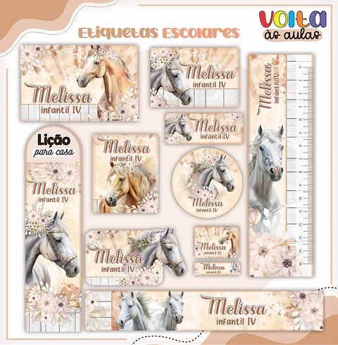 Arquivo Etiqueta Escolar Cavalos Menina - Lina
