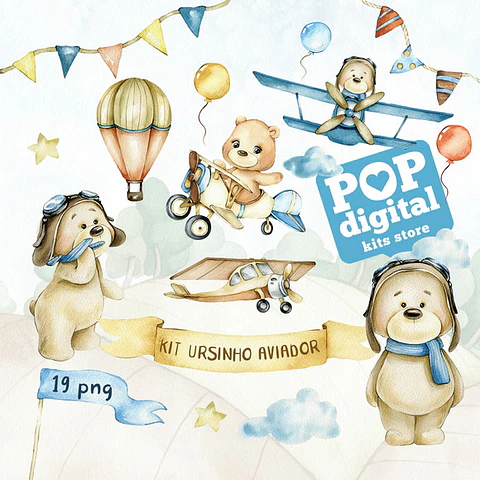 kit digital ursinho aviador
