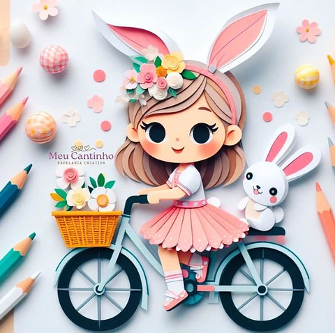 Arquivo de corte topo menina e coelho na bicicleta páscoa