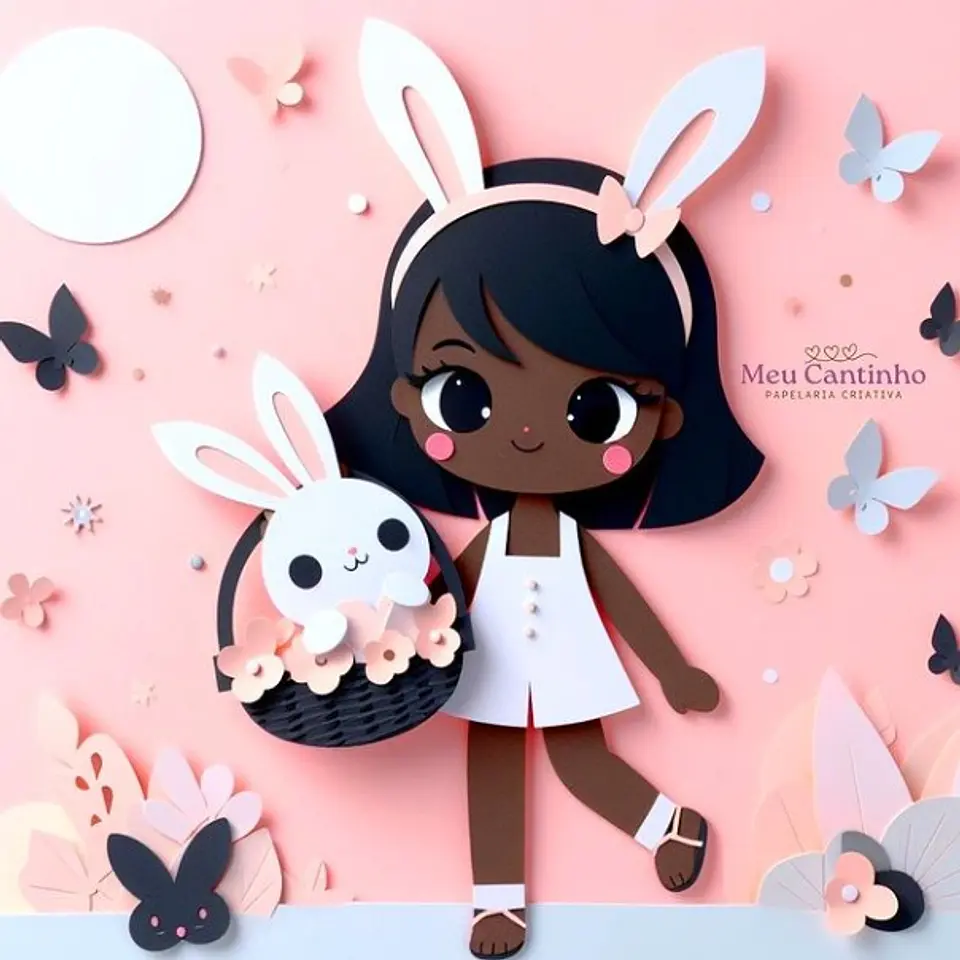 Arquivo de corte topo menina negra segurando o coelho páscoa 1