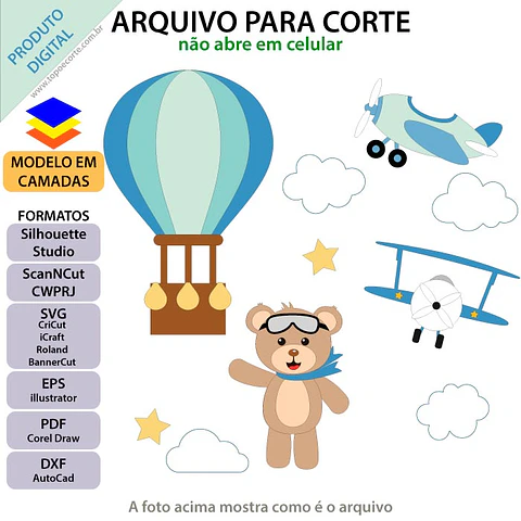 Arquivo de Corte Topo Ursinho Balão Aviões