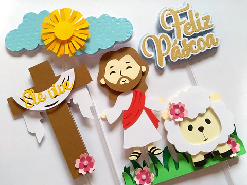 Arquivo Topo de Bolo Páscoa Cristã Jesus Ele Vive - EM CAMADAS