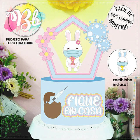 Arquivo Topo de Bolo Páscoa Coelhinhos com Máscara - EM CAMADAS