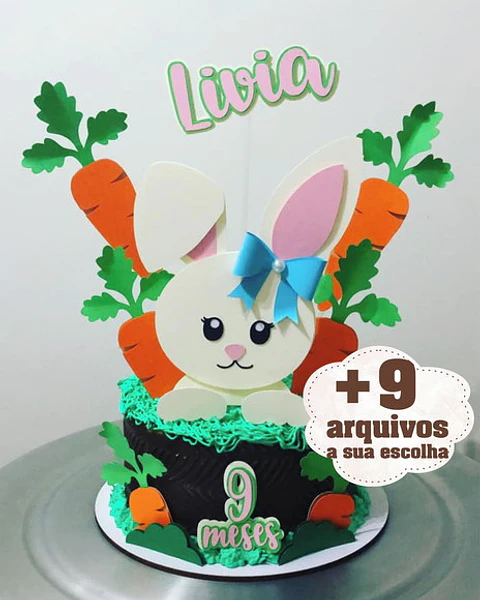  Arquivo Topo de Bolo Páscoa Coelhinha com cenouras - EM CAMADAS