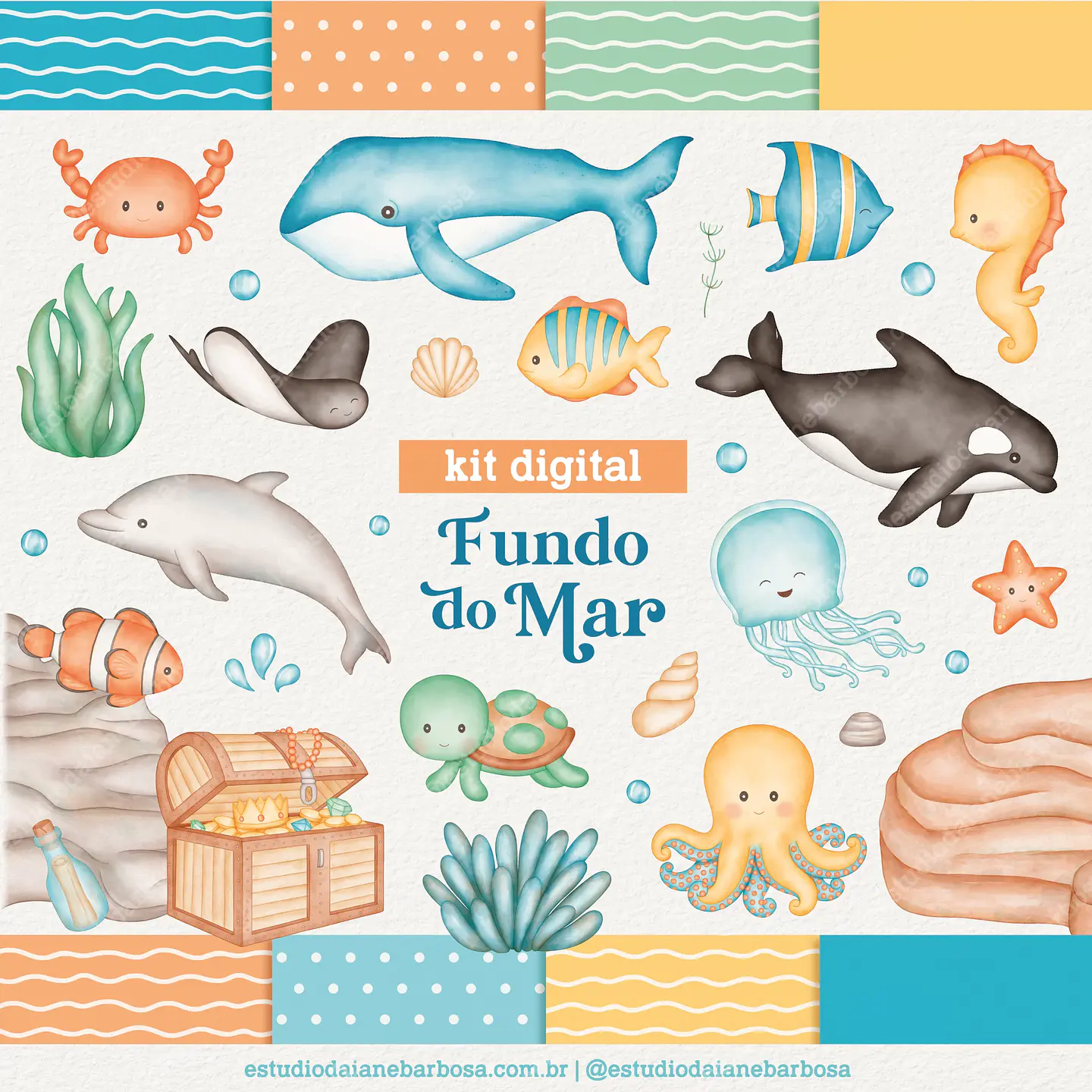 Kit Digital Fundo do Mar Aquarela - Estudio Daiane 1