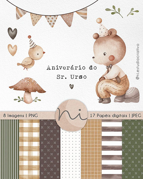  Kit Digital Papéis e Clipparts Aniversário Sr. Urso - Ni Estudio