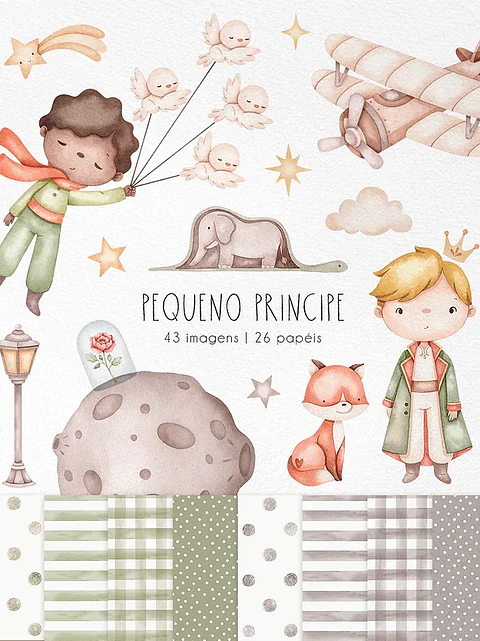Kit Digital Papéis e Clipparts Pequeno Príncipe Aquarela - Ni Estudio