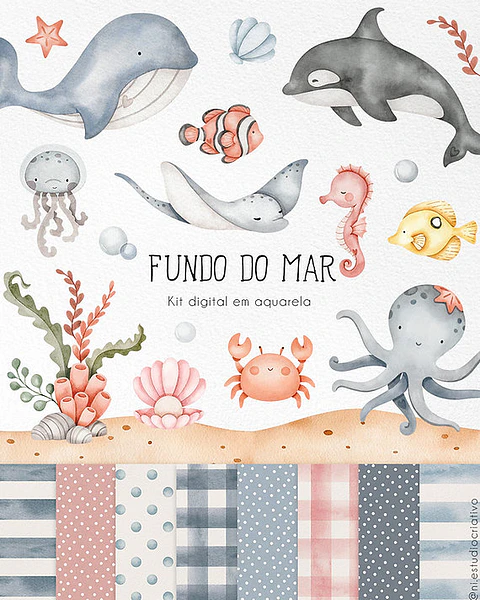 Kit Digital Fundo do Mar Aquarela - Ni Studio